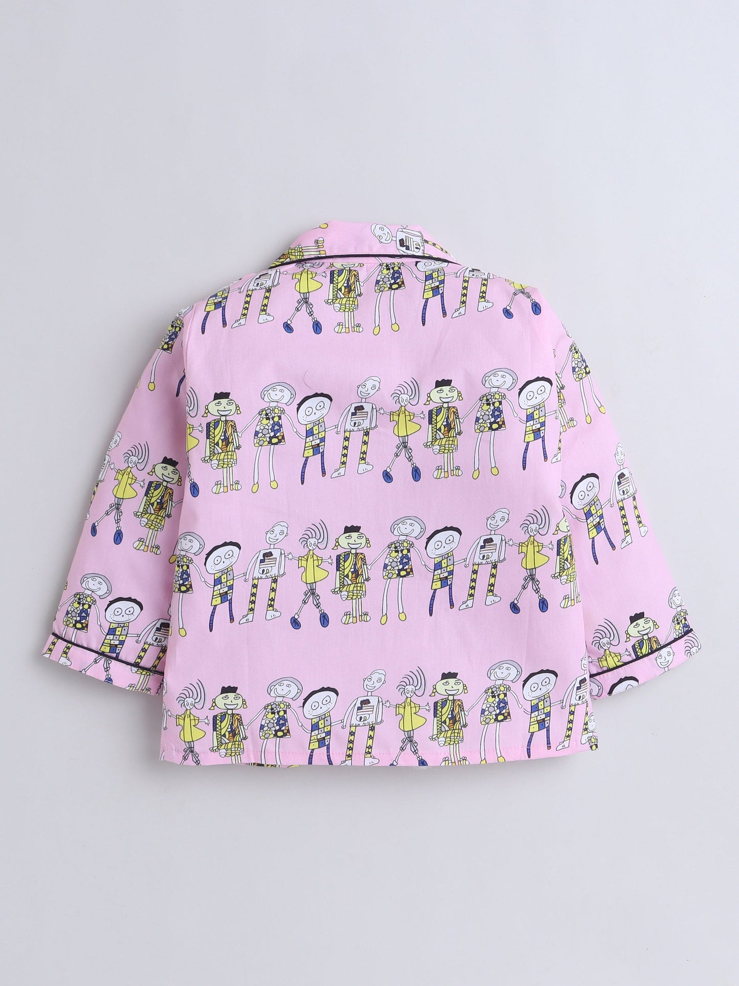 Cotton Woven Full Sleeves Humans Printed Coordinating Night Suit Set - Pink