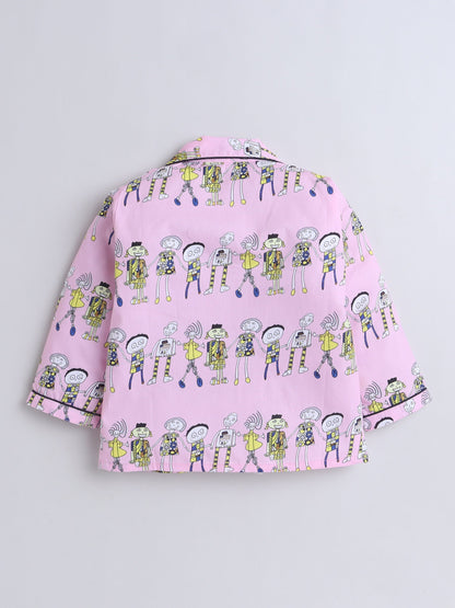 Cotton Woven Full Sleeves Humans Printed Coordinating Night Suit Set - Pink