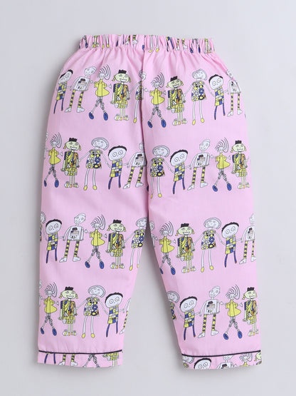 Full Sleeves Cotton All Over Printed Night Suit Set Pink