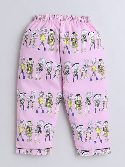 Cotton Woven Full Sleeves Humans Printed Coordinating Night Suit Set - Pink