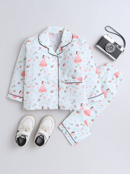 Full Sleeves Cotton Princes Printed Night Suit Set Sea Green