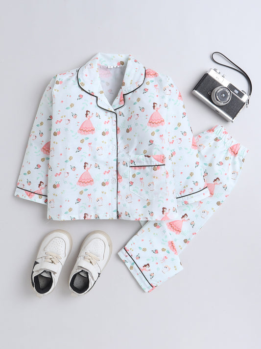 Full Sleeves Cotton Princes Printed Night Suit Set Sea Green