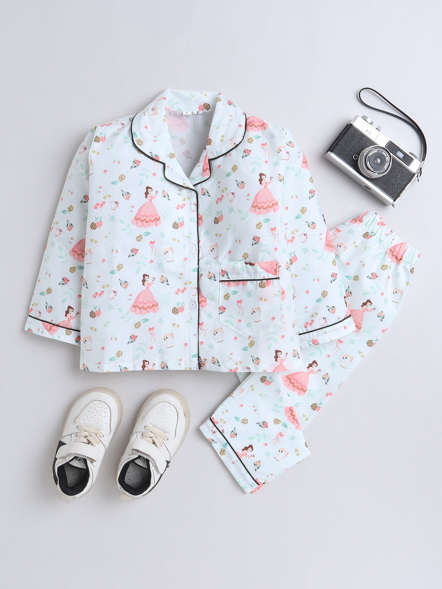 Cotton Woven Full Sleeves Princess Printed Coordinating Night Suit Set - Sea Green
