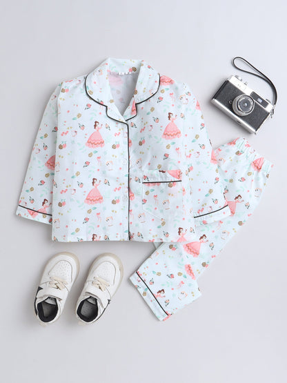 Cotton Woven Full Sleeves Princess Printed Coordinating Night Suit Set - Sea Green