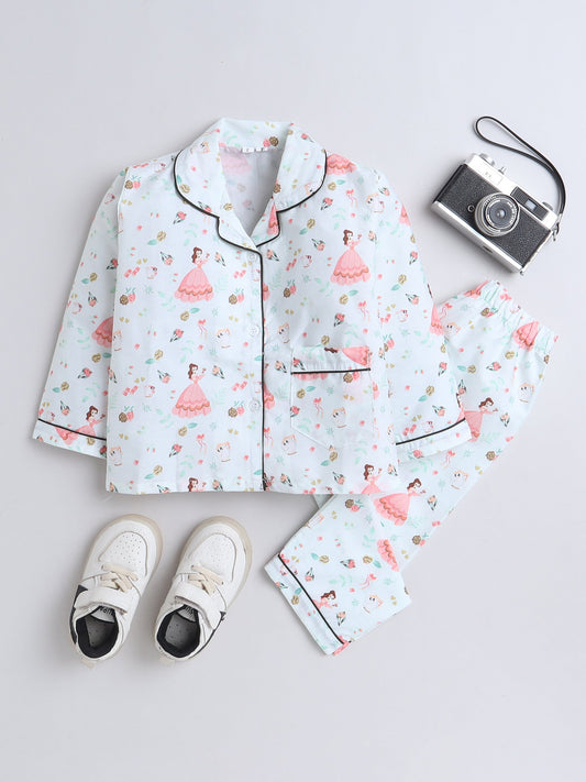 Cotton Woven Full Sleeves Princess Printed Coordinating Night Suit Set - Sea Green