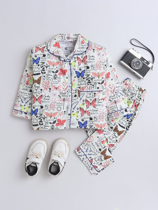 Full Sleeves Cotton Butterfly Printed Night Suit Set Yellow