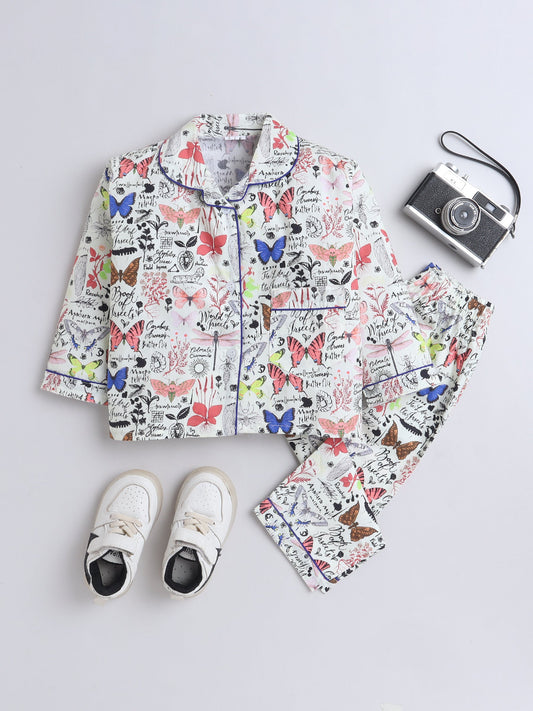 Cotton Woven Full Sleeves Butterflies Printed Coordinating Night Suit Set - Yellow