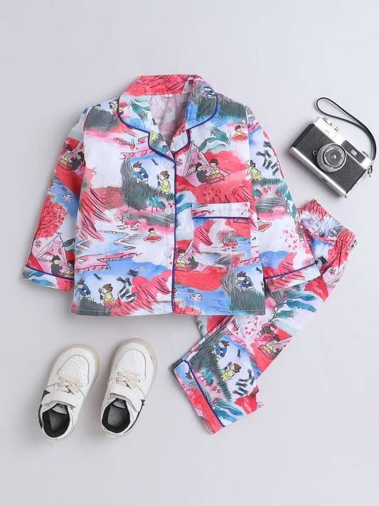 Cotton Woven Full Sleeves Village Theme Printed Coordinating Night Suit Set - Red
