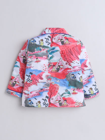 Full Sleeves Cotton All Over Printed Night Suit Set Tomato Red