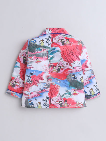 Cotton Woven Full Sleeves Village Theme Printed Coordinating Night Suit Set - Red
