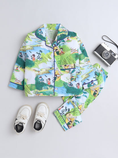 Full Sleeves Cotton All Over Printed Night Suit Set Tomato Green