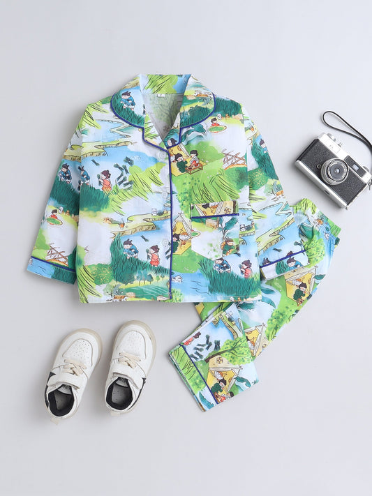 Cotton Woven Full Sleeves Village Theme Printed Coordinating Night Suit Set - Green