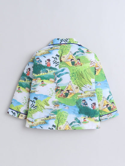 Cotton Woven Full Sleeves Village Theme Printed Coordinating Night Suit Set - Green