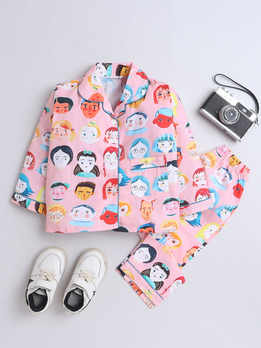 Cotton Woven Full Sleeves Human Faces Printed Coordinating Night Suit Set - Peach