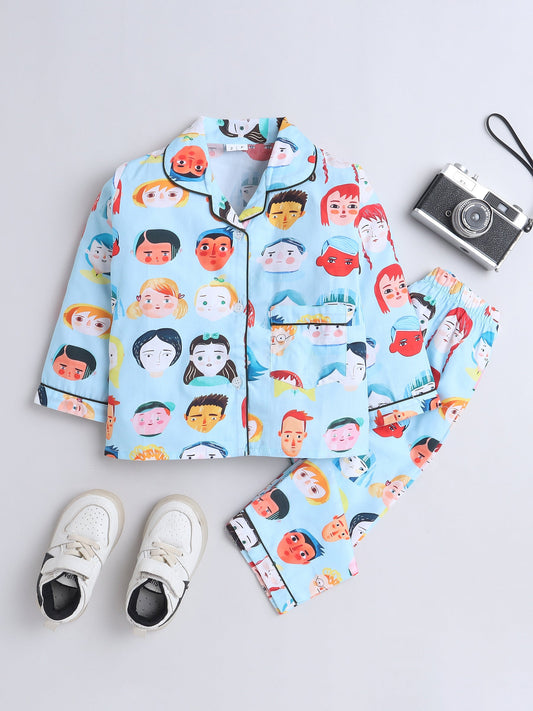 Cotton Woven Full Sleeves Human Faces Printed Coordinating Night Suit Set - Sky Blue