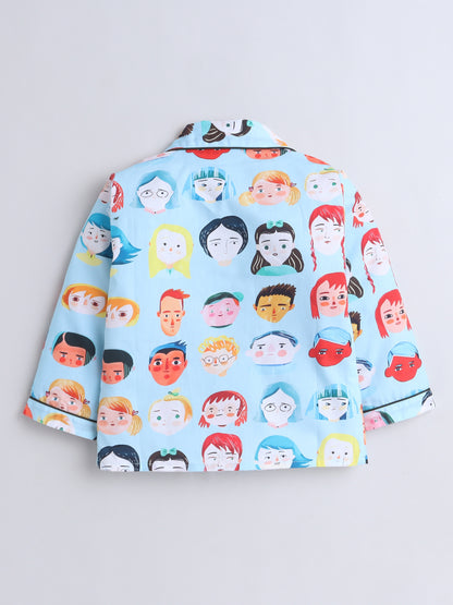 Full Sleeves Cotton All Over Printed Night Suit Set Sky Blue