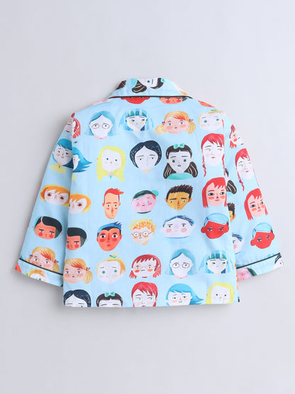 Cotton Woven Full Sleeves Human Faces Printed Coordinating Night Suit Set - Sky Blue