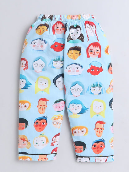 Cotton Woven Full Sleeves Human Faces Printed Coordinating Night Suit Set - Sky Blue