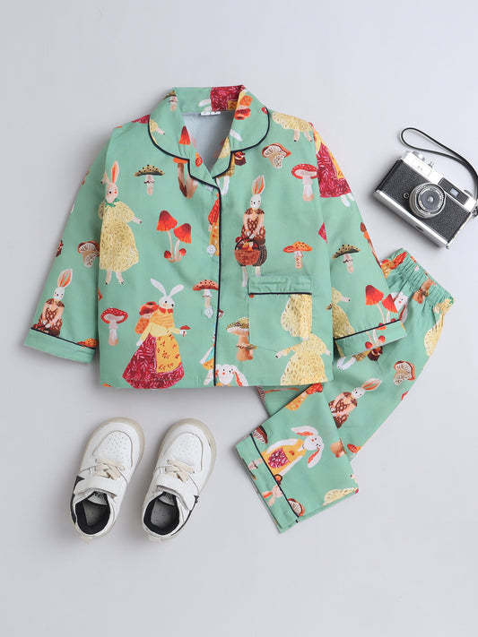 Full Sleeves Cotton Bunny Printed Night Suit Set Green