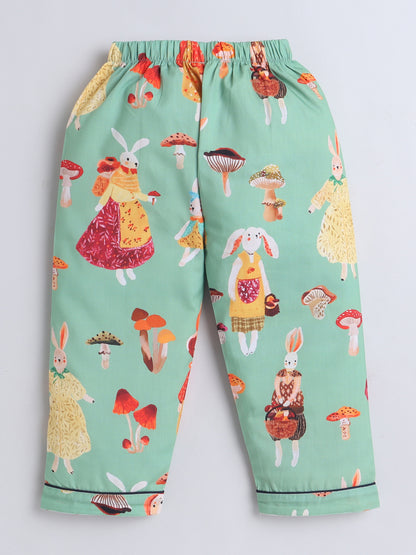 Full Sleeves Cotton Bunny Printed Night Suit Set Green