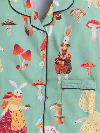 Full Sleeves Cotton Bunny Printed Night Suit Set Green