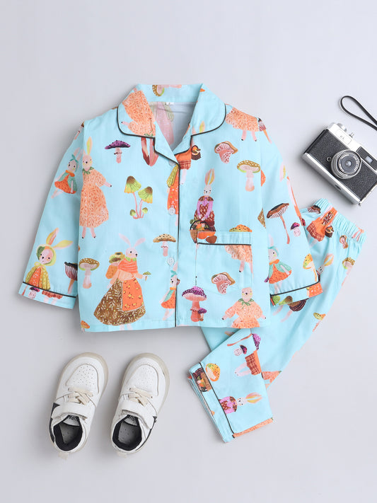 Full Sleeves Cotton Bunny Printed Night Suit Set Blue