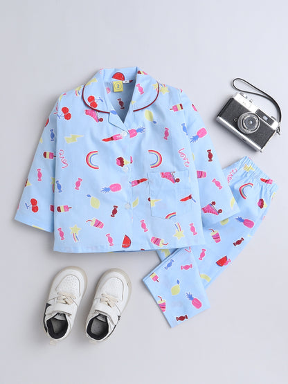 Full Sleeves Cotton Candy Printed Night Suit Set Blue
