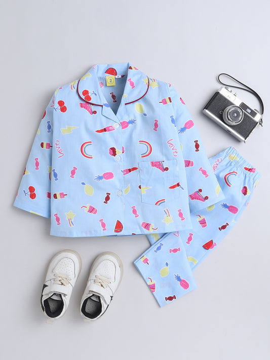 Full Sleeves Cotton Candy Printed Night Suit Set Blue