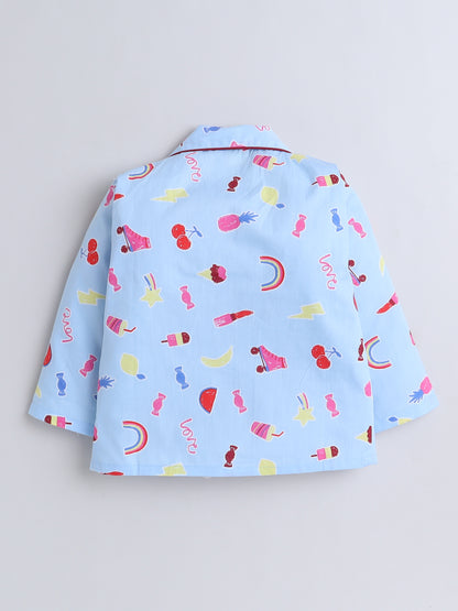 Full Sleeves Cotton Candy Printed Night Suit Set Blue