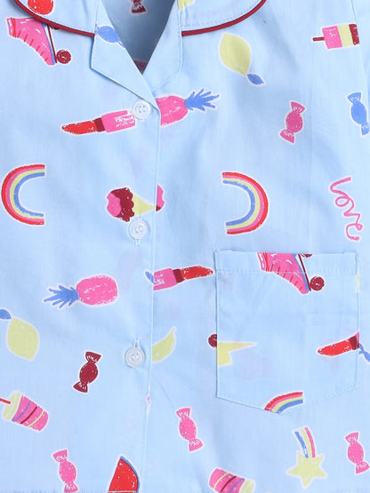 Full Sleeves Cotton Candy Printed Night Suit Set Blue