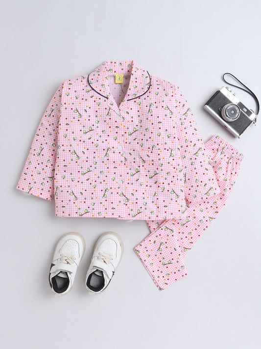 Cotton Woven Full Sleeves Birds Printed & Checked Coordinating Night Suit Set - Pink
