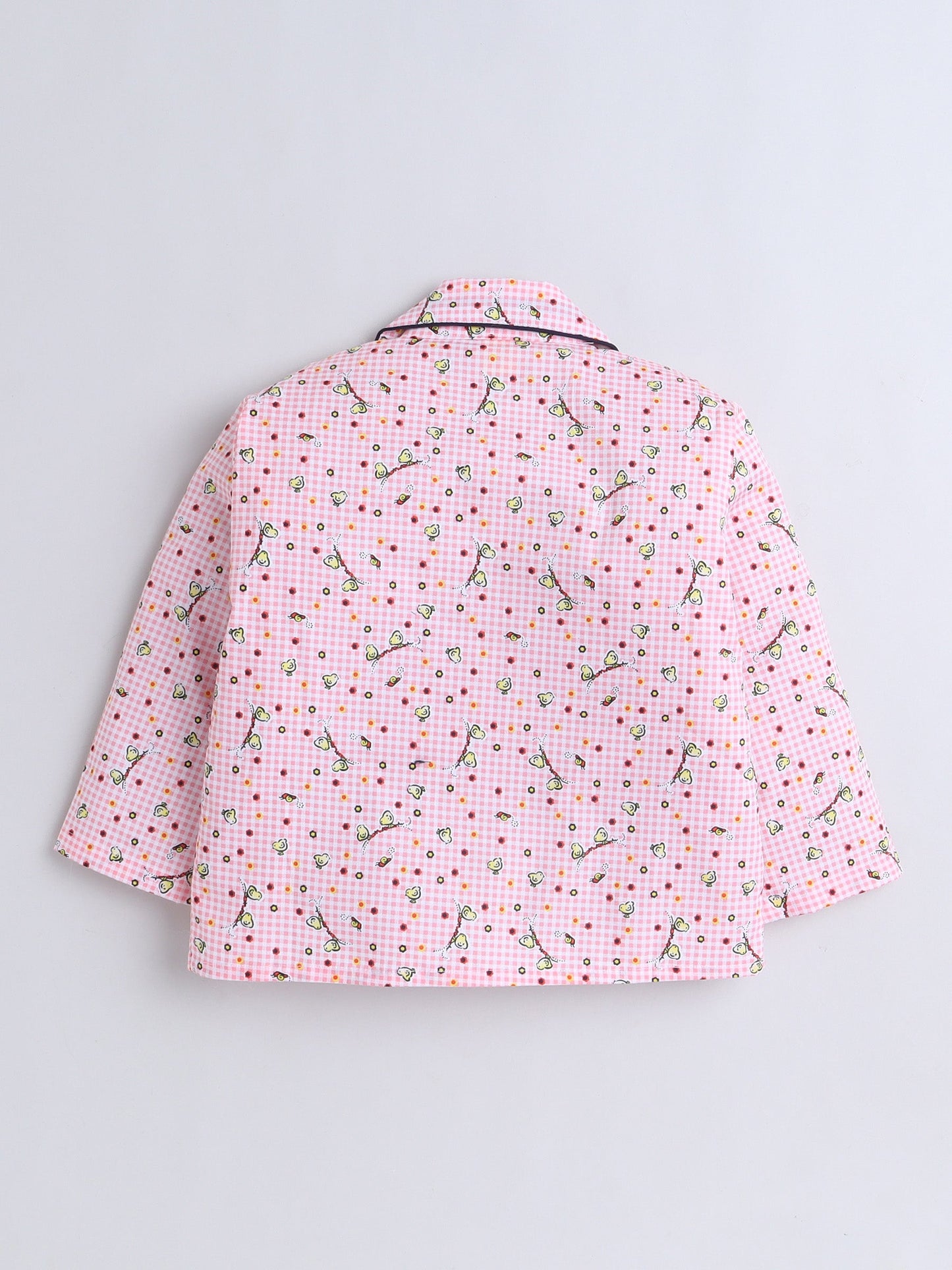 Cotton Woven Full Sleeves Birds Printed & Checked Coordinating Night Suit Set - Pink