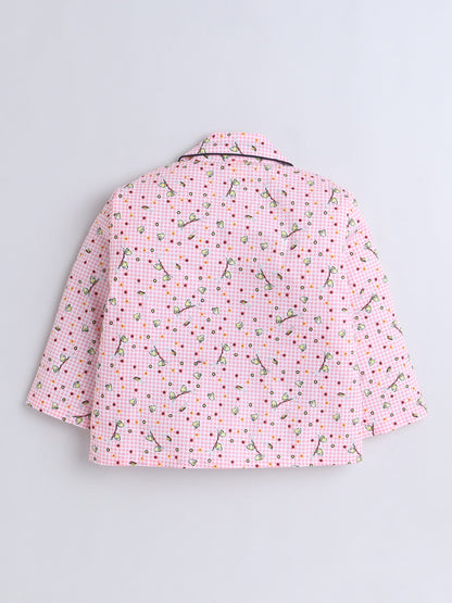 Cotton Woven Full Sleeves Birds Printed & Checked Coordinating Night Suit Set - Pink