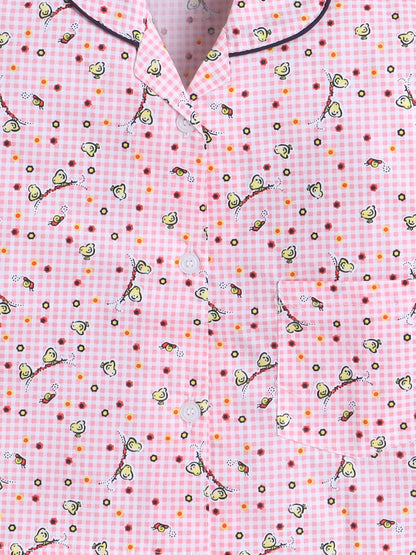 Full Sleeves Cotton Polka Dots Printed Night Suit Set Pink