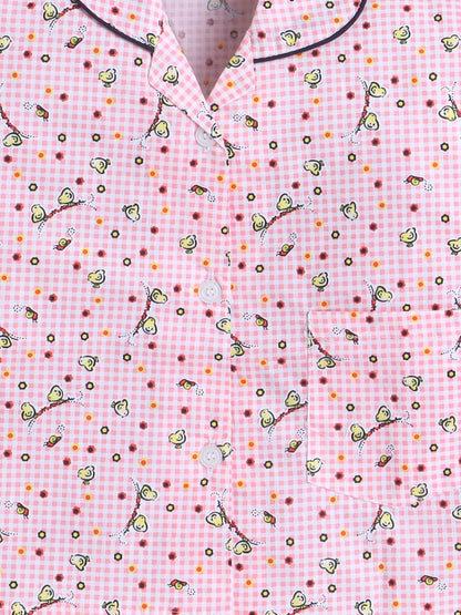 Cotton Woven Full Sleeves Birds Printed & Checked Coordinating Night Suit Set - Pink