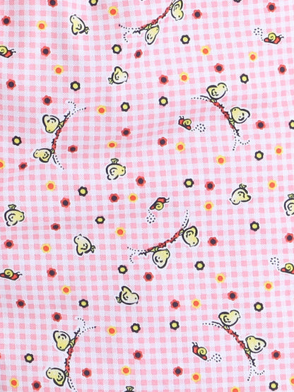 Cotton Woven Full Sleeves Birds Printed & Checked Coordinating Night Suit Set - Pink