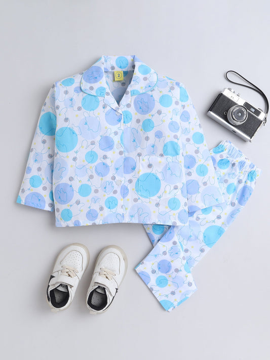 Cotton Woven Full Sleeves Abstract Printed Coordinating Night Suit Set - Sky Blue