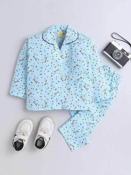 Cotton Woven Full Sleeves Birds Printed & Checked Coordinating Night Suit Set - Blue