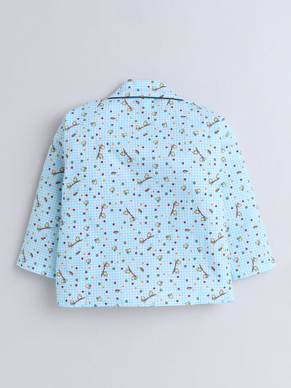 Cotton Woven Full Sleeves Birds Printed & Checked Coordinating Night Suit Set - Blue