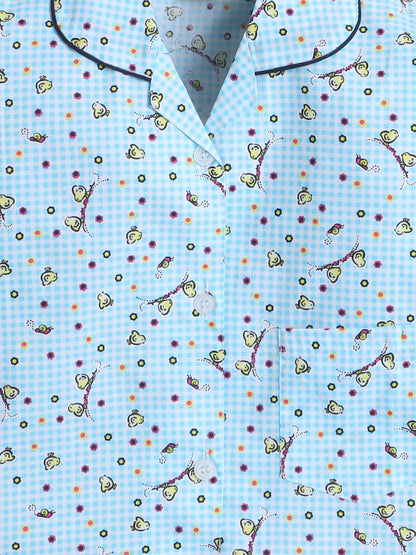 Cotton Woven Full Sleeves Birds Printed & Checked Coordinating Night Suit Set - Blue