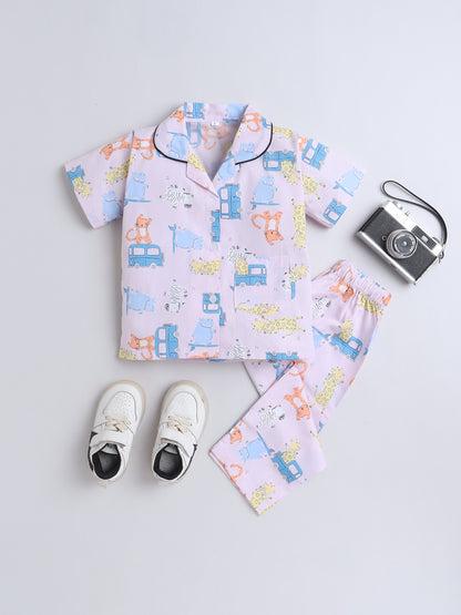 Half Sleeves Cotton Car Printed Night Suit Set Pink
