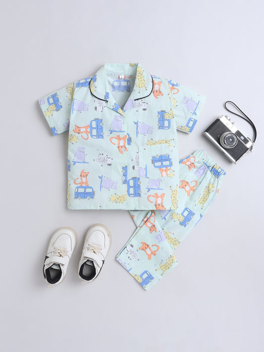 Half Sleeves Cotton Car Printed Night Suit Set Blue