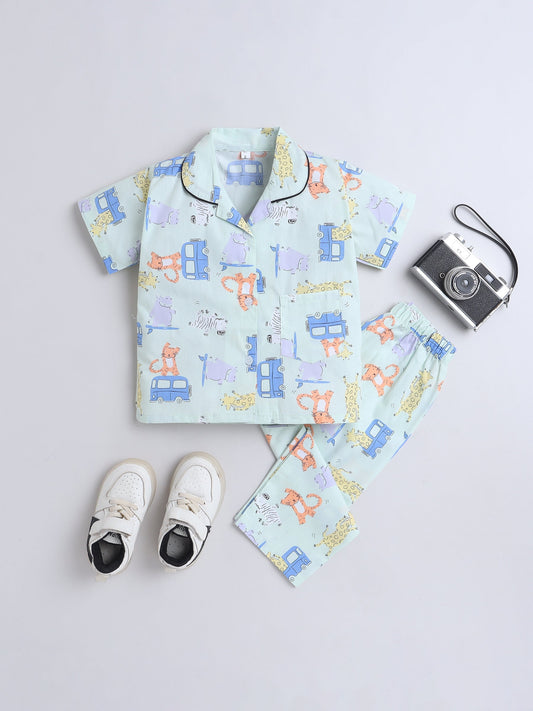 Cotton Woven Half Sleeves Car & Animals Printed Coordinating Night Suit Set - Sea Green