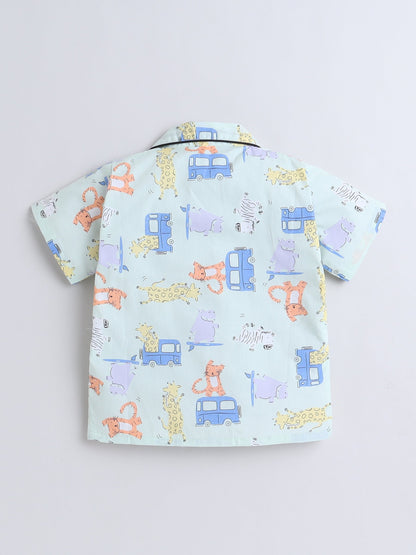 Cotton Woven Half Sleeves Car & Animals Printed Coordinating Night Suit Set - Sea Green