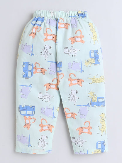 Cotton Woven Half Sleeves Car & Animals Printed Coordinating Night Suit Set - Sea Green
