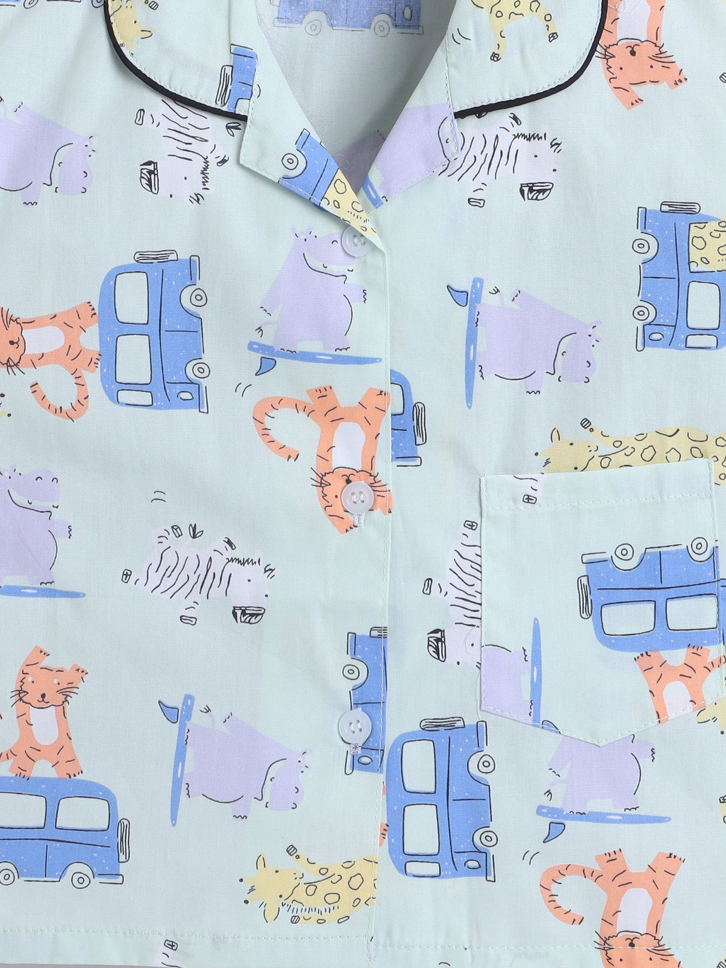 Cotton Woven Half Sleeves Car & Animals Printed Coordinating Night Suit Set - Sea Green