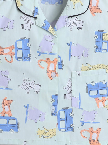 Cotton Woven Half Sleeves Car & Animals Printed Coordinating Night Suit Set - Sea Green