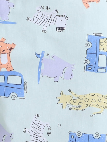 Cotton Woven Half Sleeves Car & Animals Printed Coordinating Night Suit Set - Sea Green