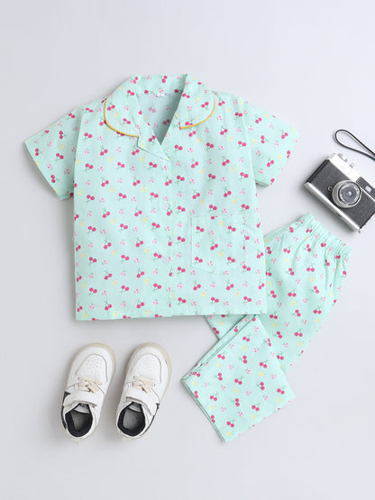 Half Sleeves Cotton Fruit Printed Night Suit Set Green