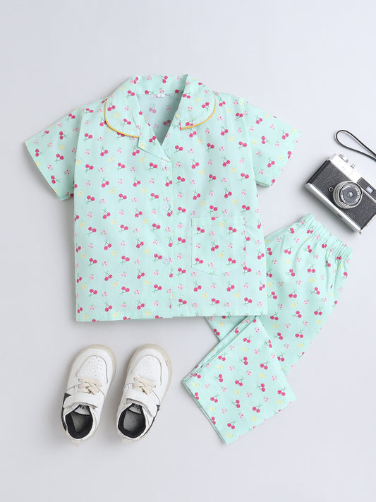 Half Sleeves Cotton Fruit Printed Night Suit Set Green